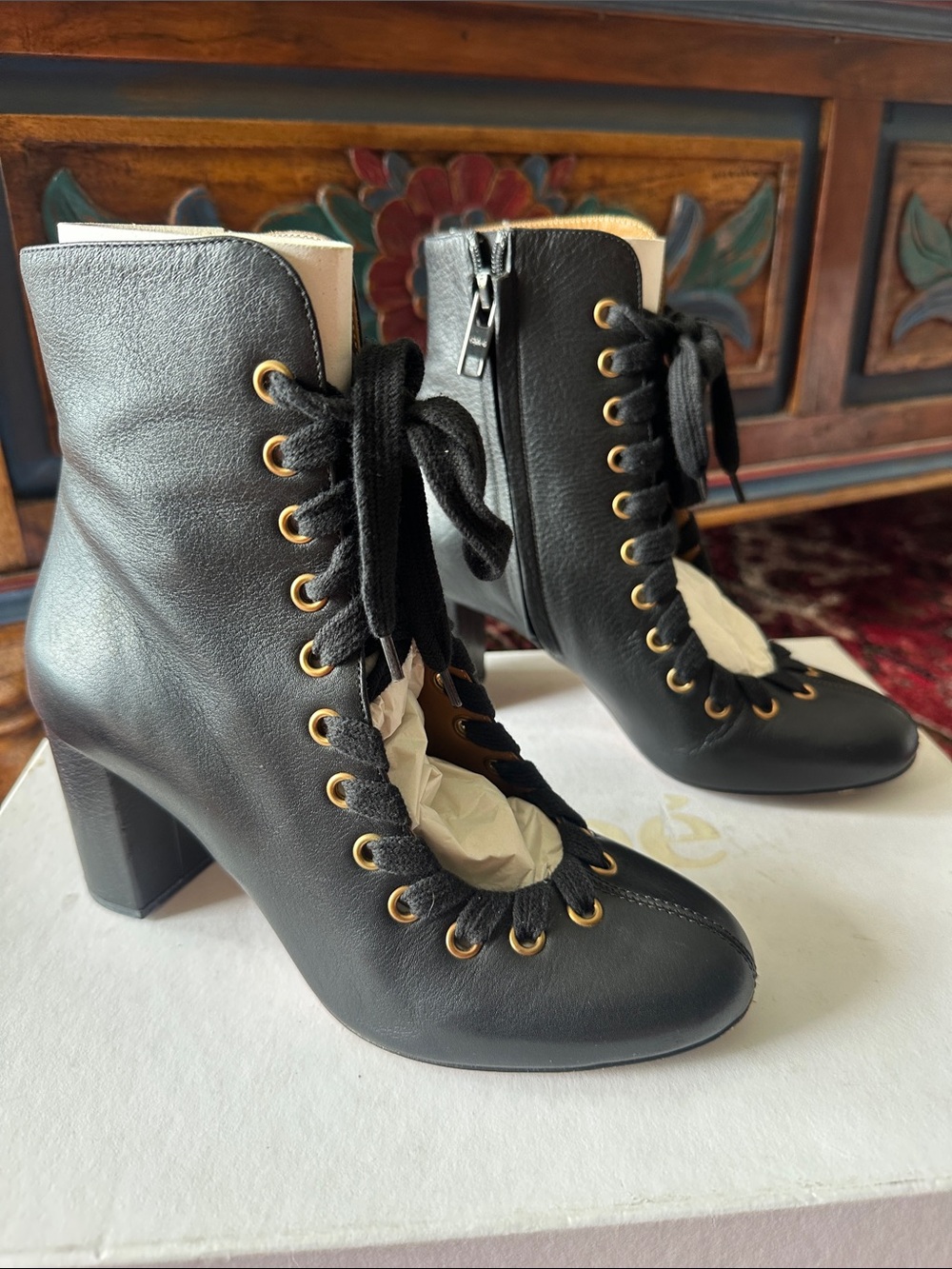Chloe Black Leather Lace-Up Ankle Boots with Gold Eyelets - Picture 3 of 10